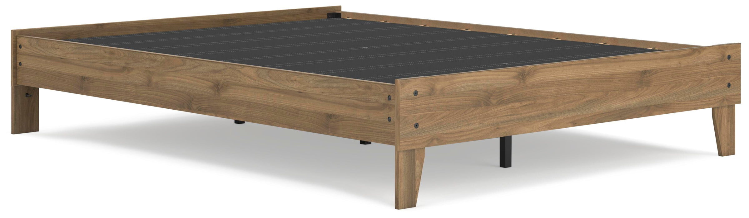 Ashley Furniture Deanlow Bed with a wooden frame and modern design, shown from an angled view in a bedroom setting.