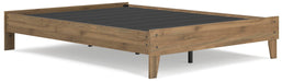 Ashley Furniture Deanlow Bed with a wooden frame and modern design, shown from an angled view in a bedroom setting.