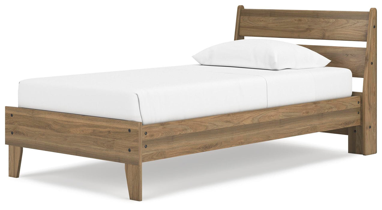Ashley Furniture Deanlow Bed showcasing a modern wooden bed frame with a sleek headboard and neutral finish.