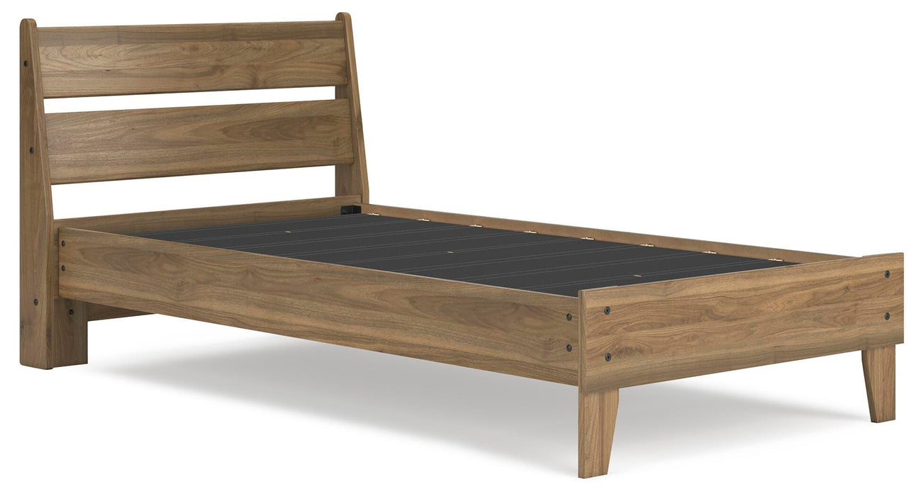 Ashley Furniture Deanlow Bed with a stylish wooden frame, shown from an angled view highlighting its modern design.