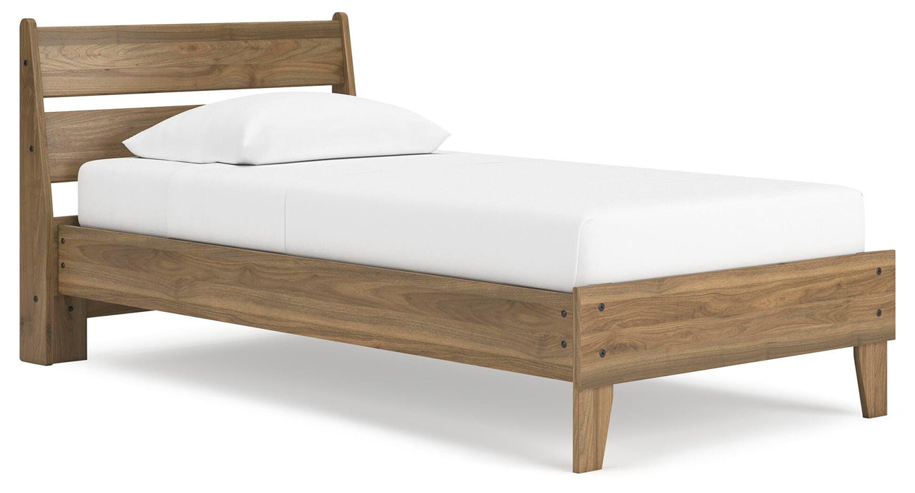 Ashley Furniture Deanlow Bed with a sleek, modern frame shown from an angled view, featuring a contemporary design and neutral finish.