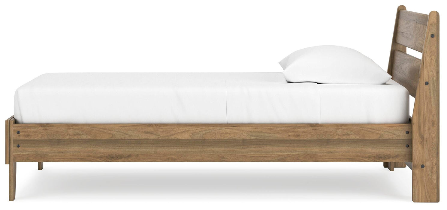 Ashley Furniture Deanlow Bed with a sleek wood frame and side panel, shown from a side view.
