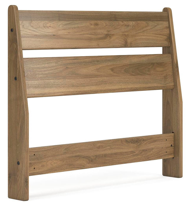 Ashley Furniture Deanlow Bed with a modern wooden frame and angled headboard, shown from a side angle.