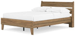 Ashley Furniture Deanlow Bed in warm wood finish, shown from an angled view with detailed headboard and sturdy frame.