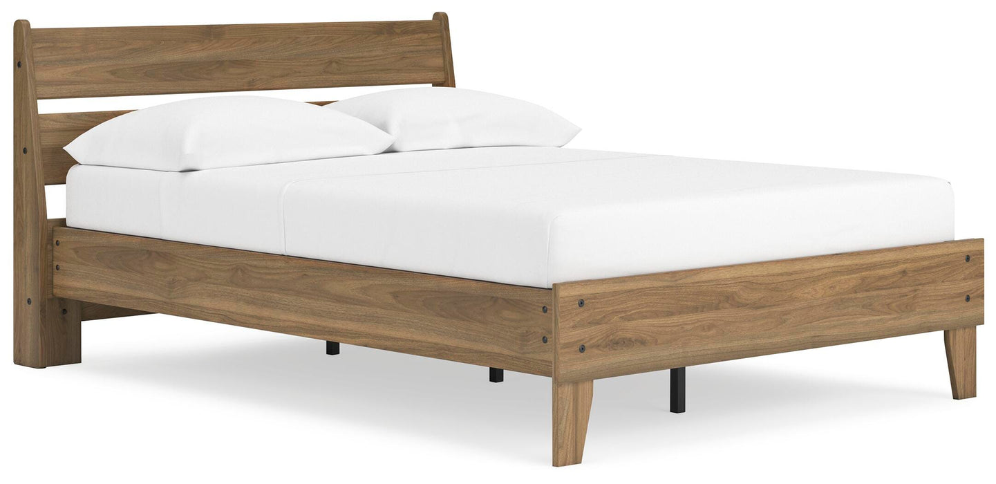 Ashley Furniture Deanlow Bed with a stylish wood finish, shown from an angled view highlighting the headboard and sleek design.