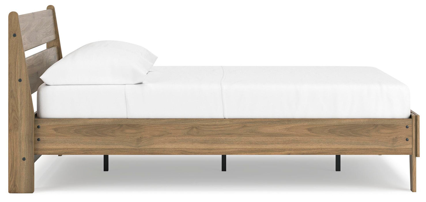 Ashley Furniture Deanlow Bed with a modern wooden frame and side view, showcasing the headboard and footboard design.