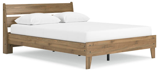 Ashley Furniture Deanlow Bed with a modern design, showcasing a wooden frame and clean lines from a side angle.