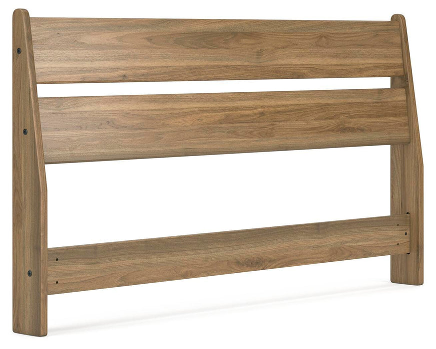 Ashley Furniture Deanlow Bed with wooden frame and side panels, shown from an angled view.