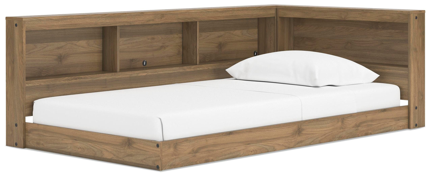 Ashley Furniture Deanlow bed with a modern wooden frame and a sleek, angled headboard in a stylish bedroom setting.