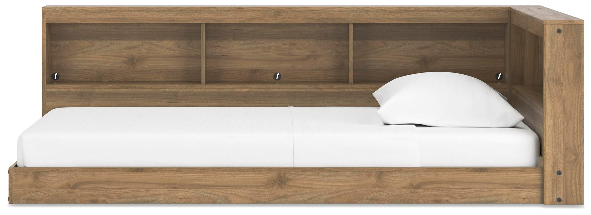 Ashley Furniture Deanlow Bed with a sleek wood frame and modern design, shown from a side angle.