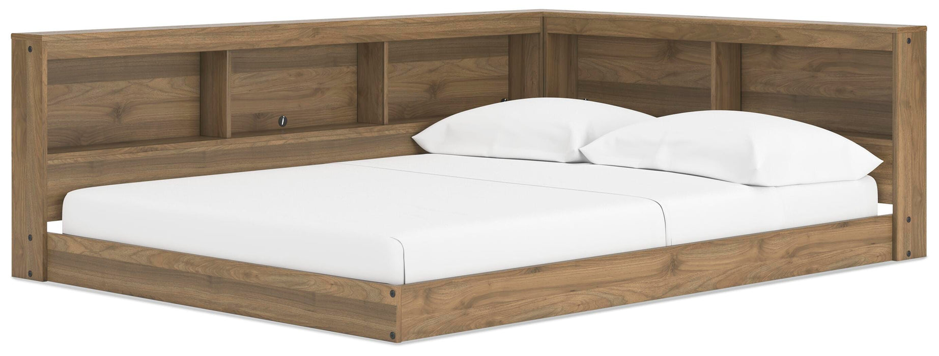 Ashley Furniture Deanlow Bed with a stylish wooden frame, shown from an angled perspective in a modern bedroom setting.
