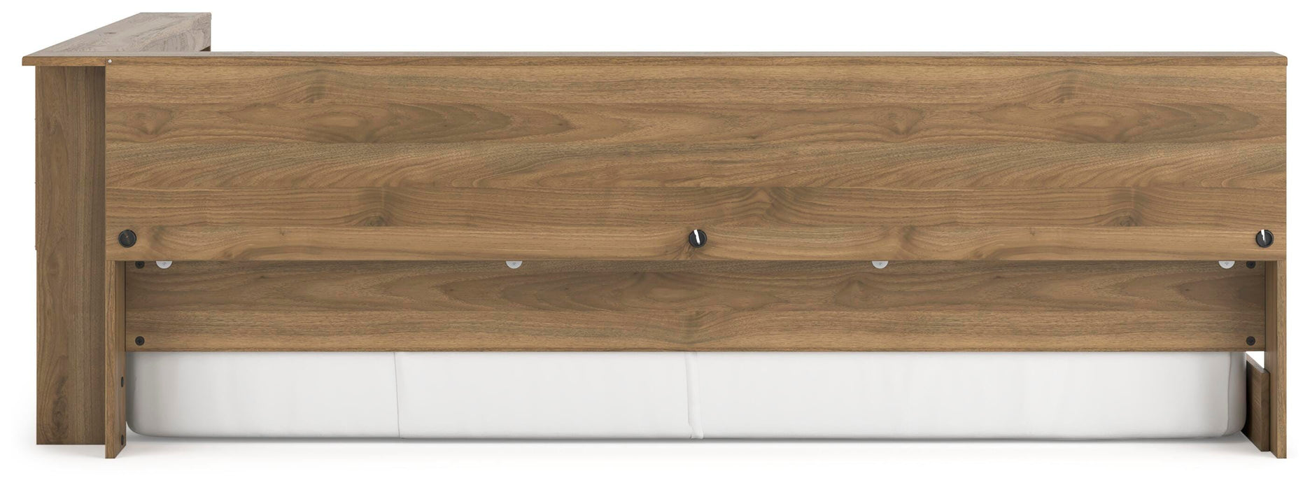 Ashley Furniture Deanlow Bed with sleek wooden frame and beige upholstery, shown from a side angle in a modern bedroom setting.