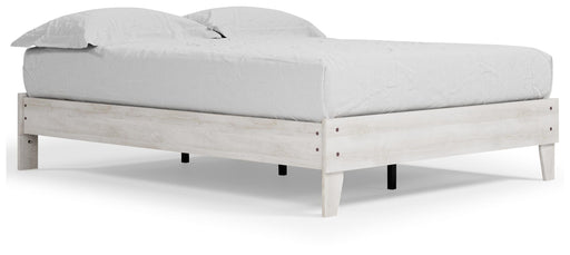 Ashley Furniture Shawburn Queen Platform Bed with a sturdy wooden frame and modern design, shown from an angled view.