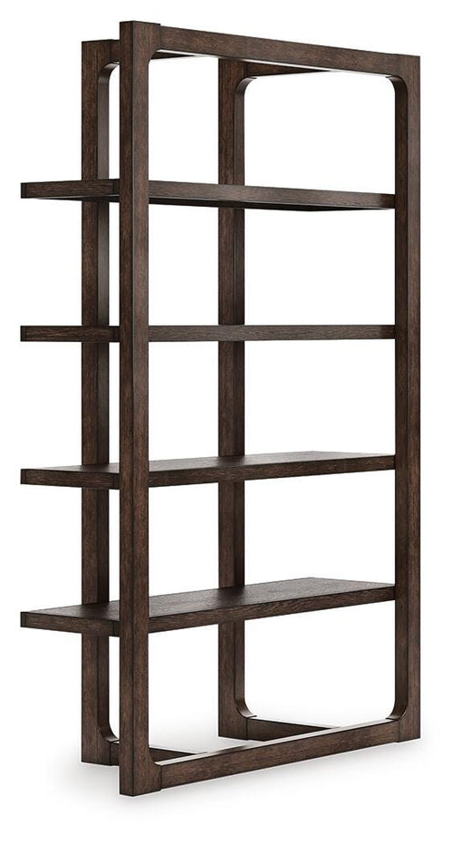 Angled view of the Ashley Furniture Breckington 76-inch wood bookcase showcasing multiple shelves and a classic design.