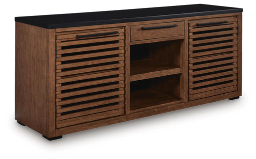 Ashley Furniture Kallari Credenza bookcase with open shelves and closed cabinet in warm wood finish, angled view.