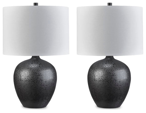 Ashley Furniture Ladstow table lamp set with two stylish lamps featuring neutral shades and wooden bases.