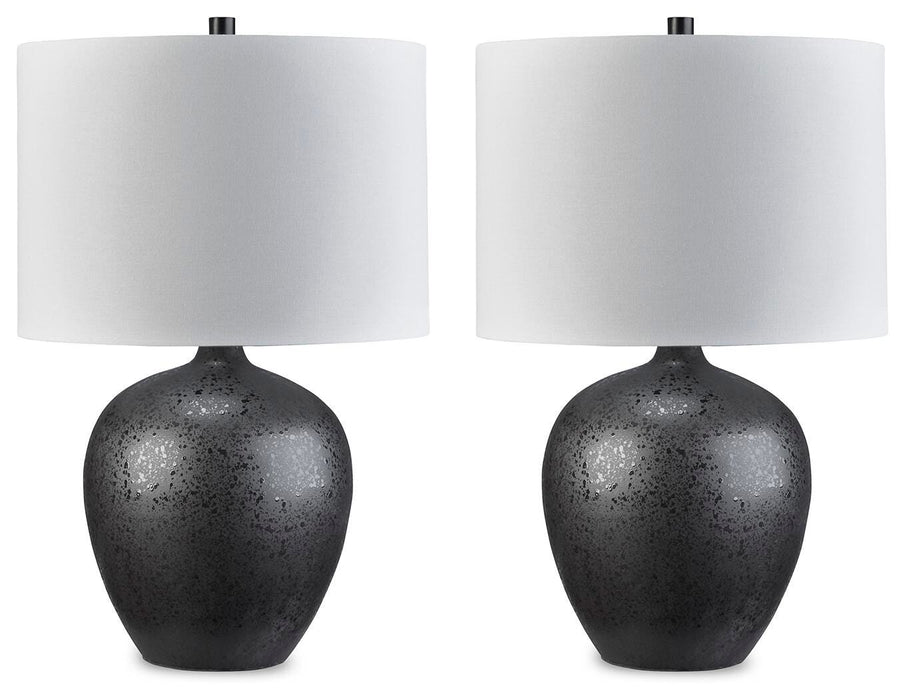 Ashley Furniture Ladstow table lamp set with two stylish lamps featuring neutral shades and wooden bases.