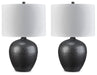 Ashley Furniture Ladstow table lamp set with two stylish lamps featuring neutral shades and wooden bases.
