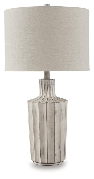 Ashley Furniture Imre Table Lamp with a sleek base and fabric shade, perfect for modern bedside or desk lighting.