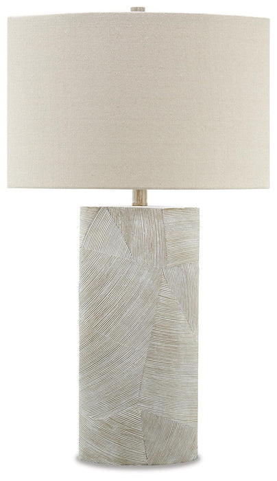 Ashley Furniture Bradard Lamp Set featuring two stylish table lamps with beige shades and wooden bases.