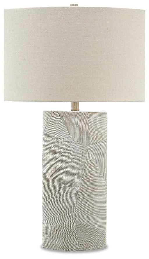 Ashley Furniture Bradard Lamp Set featuring two stylish table lamps with beige shades and wooden bases.