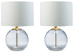 Ashley Furniture Samder Table Lamp Set with two stylish lamps featuring neutral shades and modern bases, perfect for living room decor.