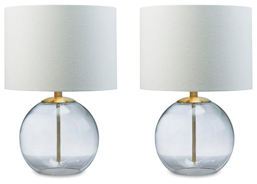 Ashley Furniture Samder Table Lamp Set with two stylish lamps featuring neutral shades and modern bases, perfect for living room decor.