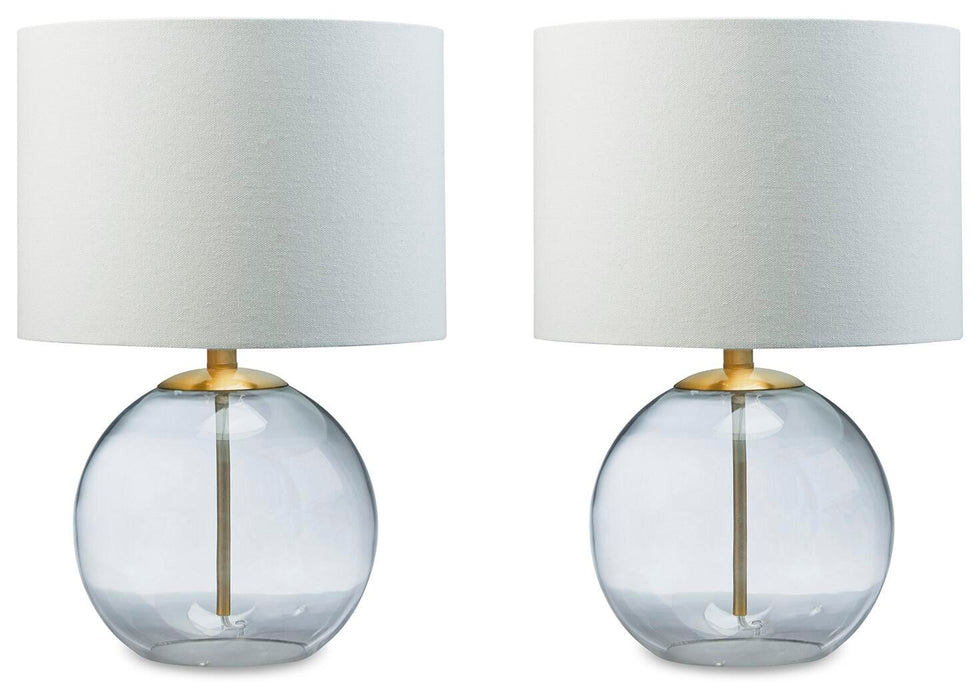 Ashley Furniture Samder Table Lamp Set with two stylish lamps featuring neutral shades and modern bases, perfect for living room decor.