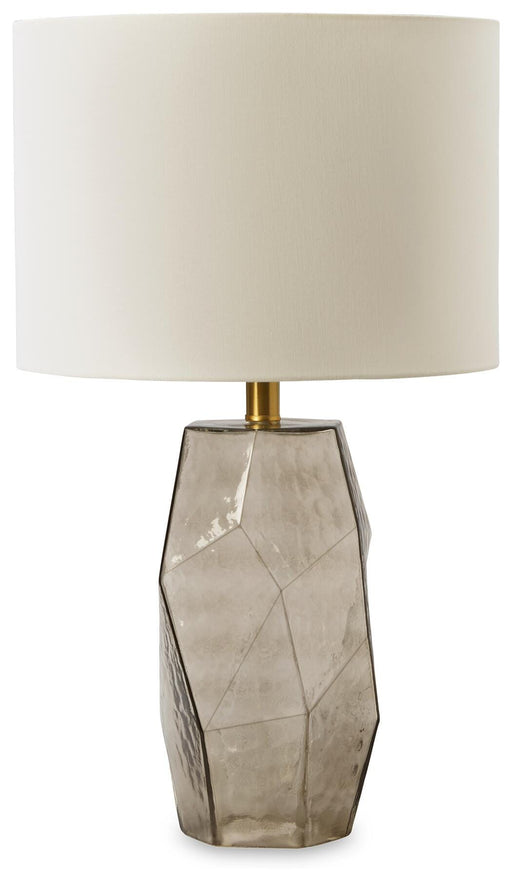Ashley Furniture Taylor Lamp Set with two table lamps featuring beige shades and wooden bases on a modern living room table.