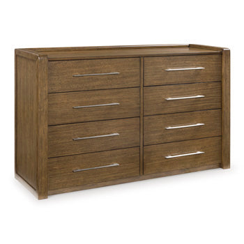 Ashley Furniture Marxmore Dresser with multiple drawers and a dark wood finish, shown from an angled view.