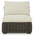 Ashley Furniture Kimora outdoor sectional with cushioned seats and weather-resistant wicker in a modern outdoor seating arrangement.