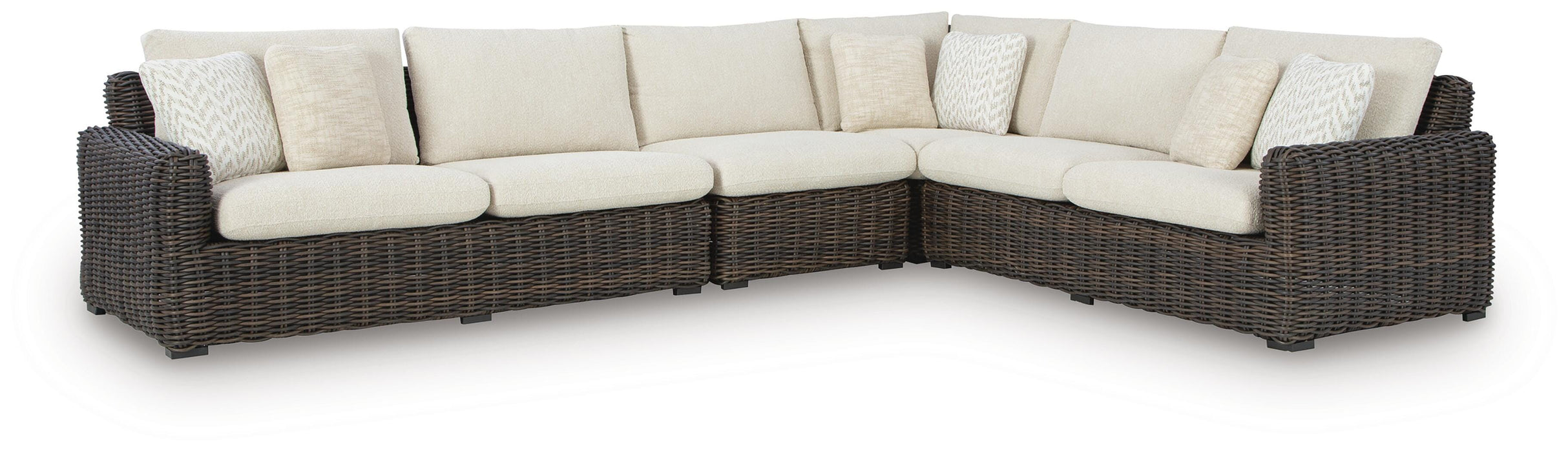 Ashley Furniture Kimora outdoor sectional with plush cushions and stylish wicker frame, ideal for outdoor seating and relaxation.