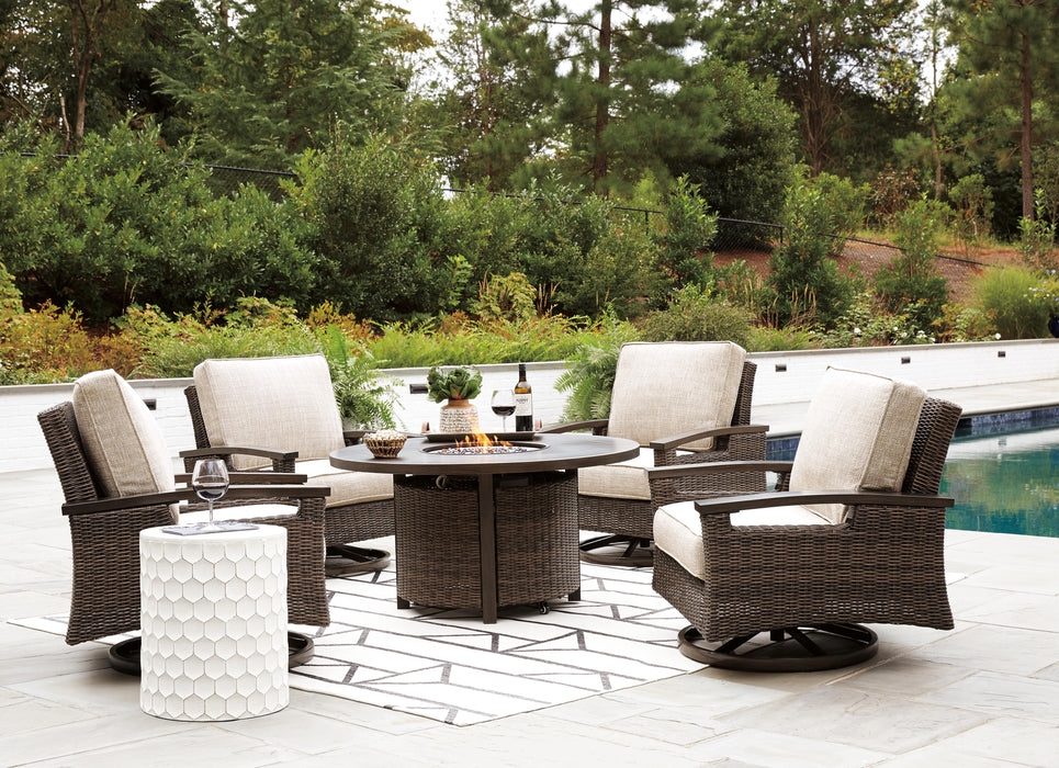 Outdoor seating set featuring a Paradise Trail fire pit table with four Ashley Furniture Nuvella swivel lounge chairs.