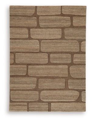 Ashley Furniture Orest Rug with intricate pattern and neutral colors, showcasing a plush, woven textile suitable for living rooms.