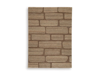 Ashley Furniture Orest Rug with intricate pattern, beige and brown tones, showing soft woven texture and detailed design.