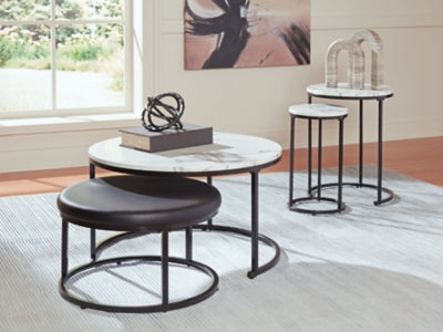 Set of four Ashley Furniture Jusmour nesting tables with sleek wooden tops and metal legs, perfect for versatile living space decor.