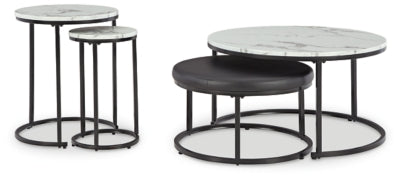 Set of four Ashley Furniture Jusmour nesting tables with wooden tops and black metal legs, arranged together.