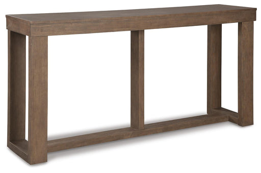 Ashley Furniture Cariton sofa console table with a sleek wooden finish, shown from an angled side view.