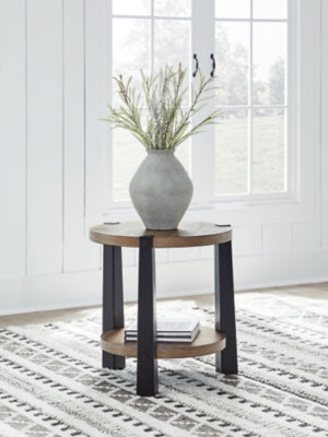 Ashley Furniture Ridgester end table with a dark wood finish and a sleek rectangular design, shown in a cropped close-up image.