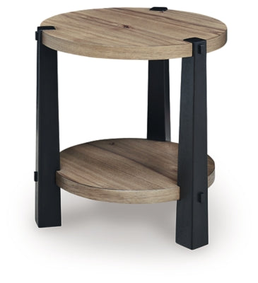 Ashley Furniture Ridgester end table with a sleek wooden surface and metal legs, shown from an angled view.