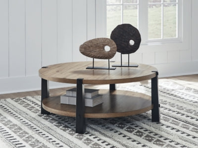 Ashley Furniture Ridgester coffee table, modern cocktail table with wooden finish, featuring a sleek rectangular design.