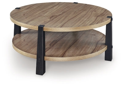 Ashley Furniture Ridgester cocktail coffee table with a wooden top and metal legs, showcasing a modern industrial design.