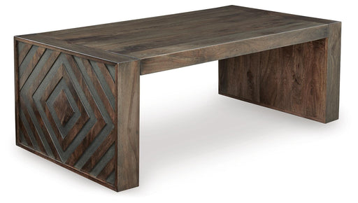 Ashley Furniture Dreggan cocktail coffee table with a sleek wooden top and modern design, shown from an angled side view.