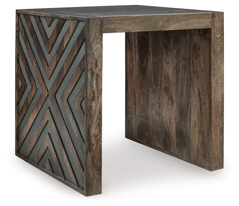 Ashley Furniture Dreggan End Table shown from an angled side view with a wood finish and modern design.