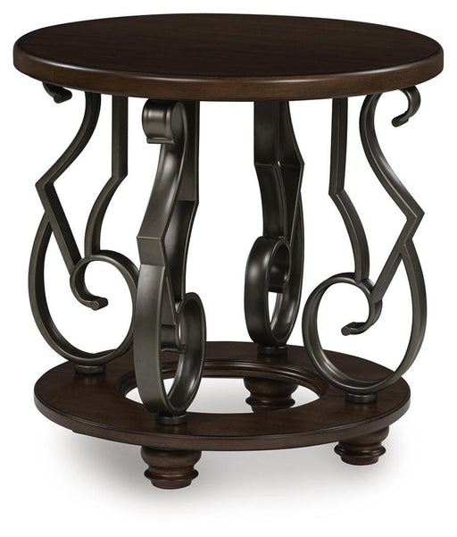 Ashley Furniture Frallyn end table with a sleek wooden top and modern metal legs, shown from an angled side view.