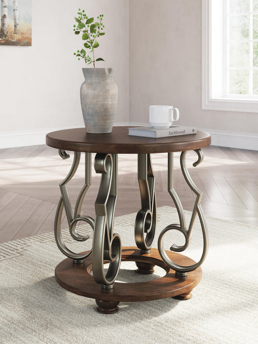 Ashley Furniture Frallyn End Table with wooden top and tapered legs, ideal for living room or bedroom decor.