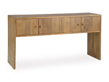 Ashley Furniture Ella Grove Console sofa table with a sleek wood finish and modern design, shown from an angled view.