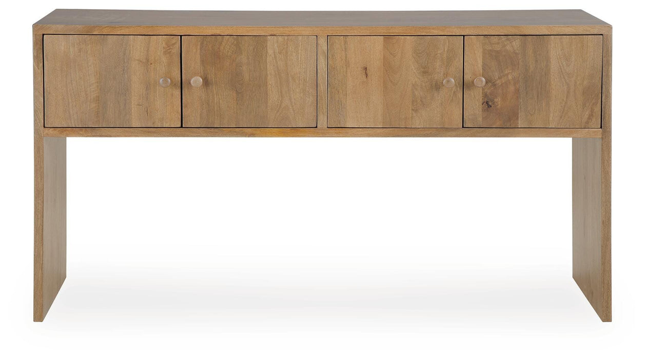 Ashley Furniture Ella Grove Console sofa table with a sleek design and wooden finish, featuring a head-on view of the table.