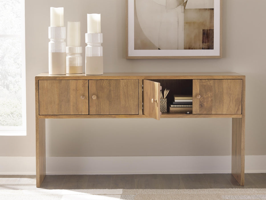 Ashley Furniture Ella Grove Console Sofa Table with open design and sleek wood finish, ideal for entryways or living rooms.