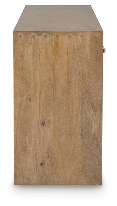 Ashley Furniture Ella Grove Console sofa table with sleek wooden finish and modern design, shown from the side view.
